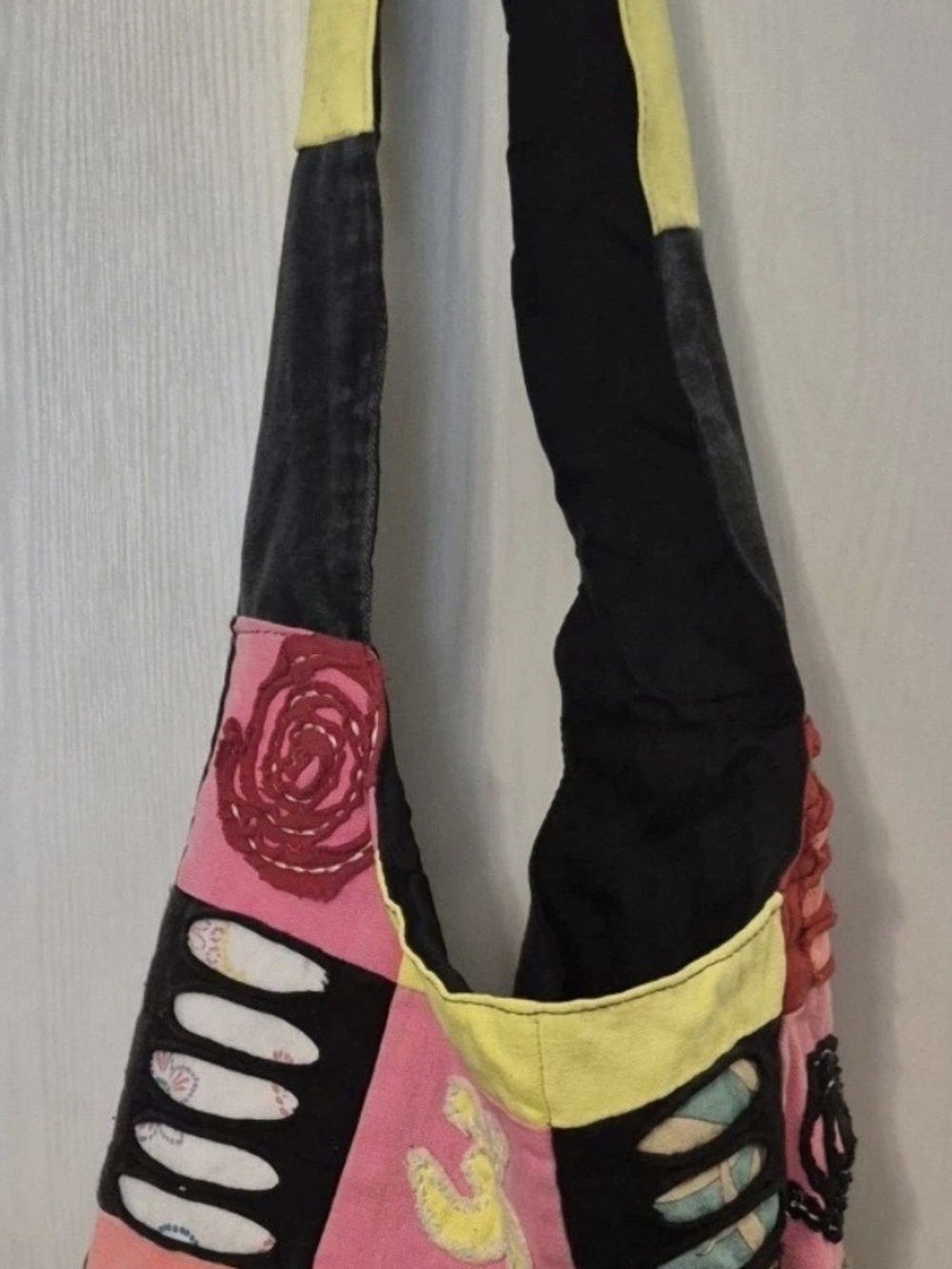 Boho Colorblock Pink & Black Shoulder Bag with Yellow Accents